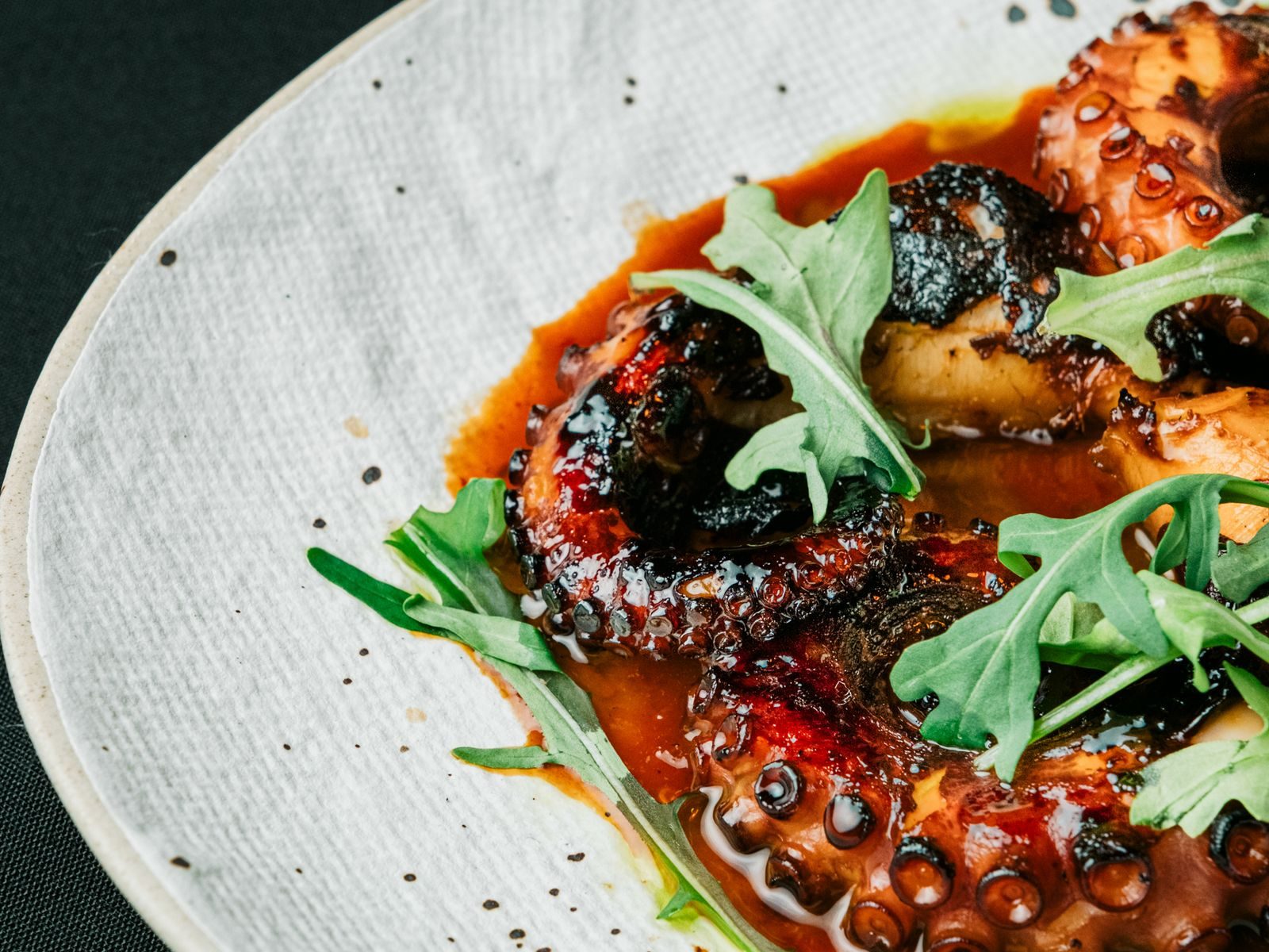Charred grilled octopus tentacles coiled in a rust-red sauce on a pale ceramic plate, against a near-black ground